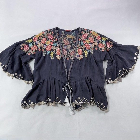Johnny Was Kimono Top Women Small Gray Floral Embroidered Tassel Boho Festival - Picture 12 of 16